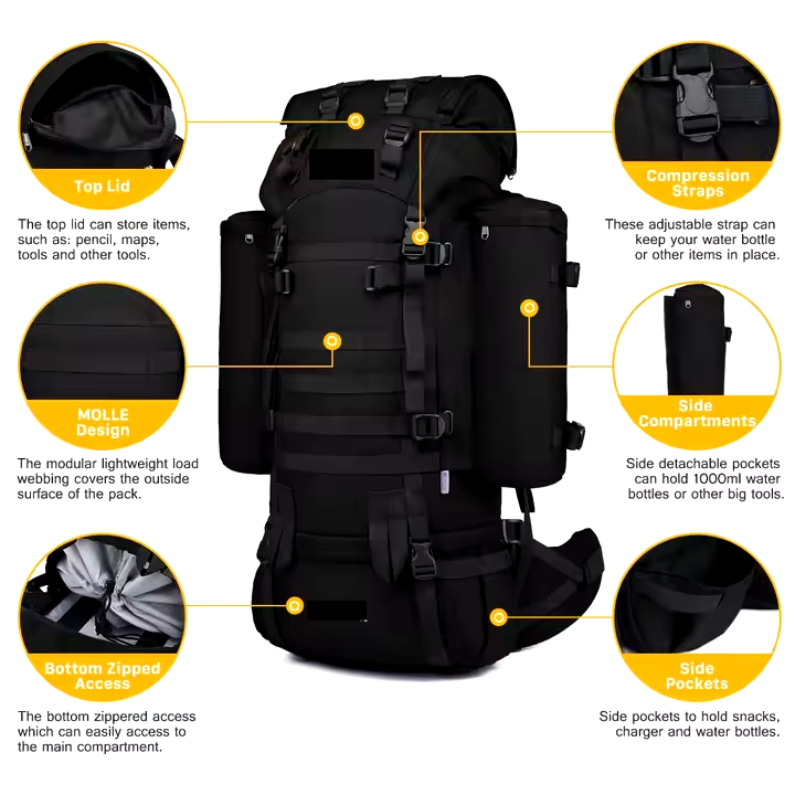 Ultra Safe Best Quality Large Capacity 75L Multifunction Tactical Backpack for hunting/camping/hiking